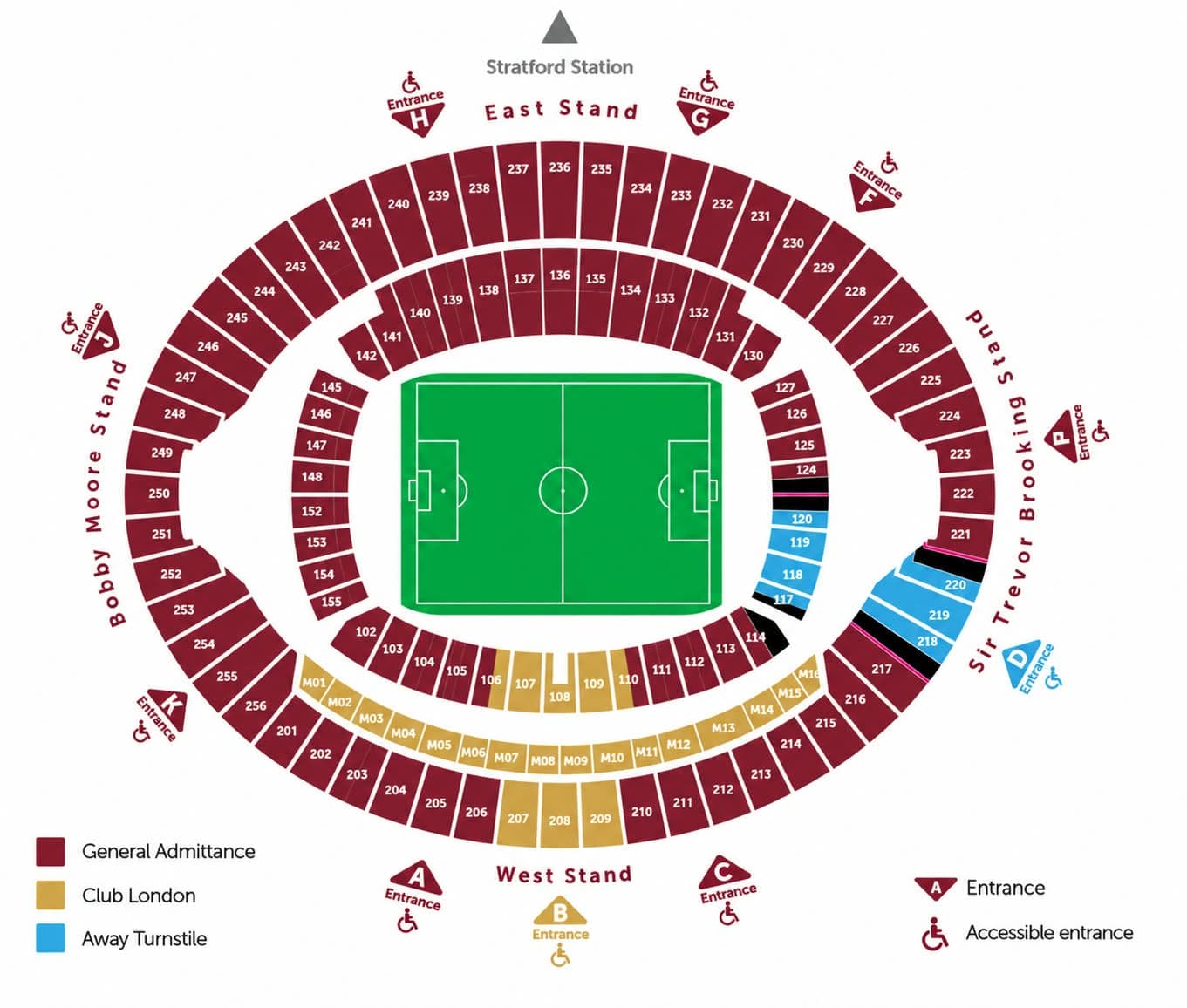 London Stadium seating plan showing all blocks by stand, with General Admittance, Club London and away turnstile areas marked.